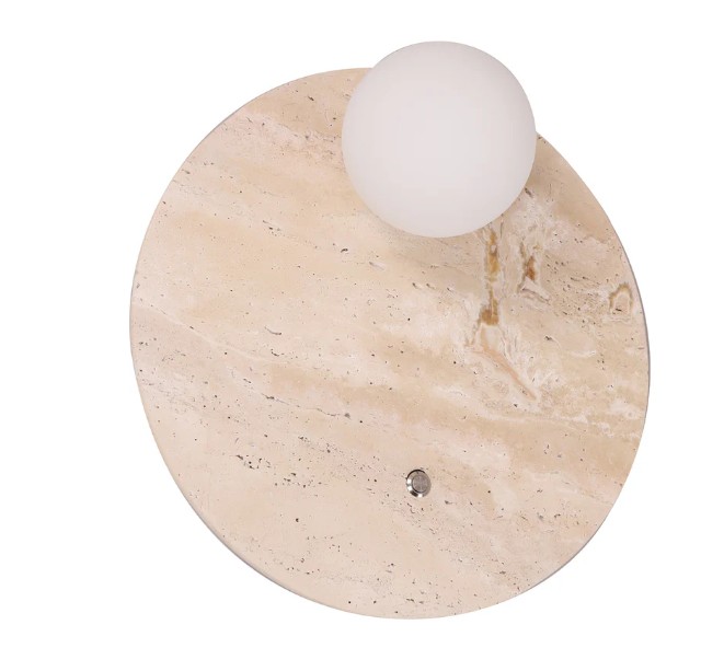 POI Round Beige Travertine Base & Opal Diffuser Wall Light